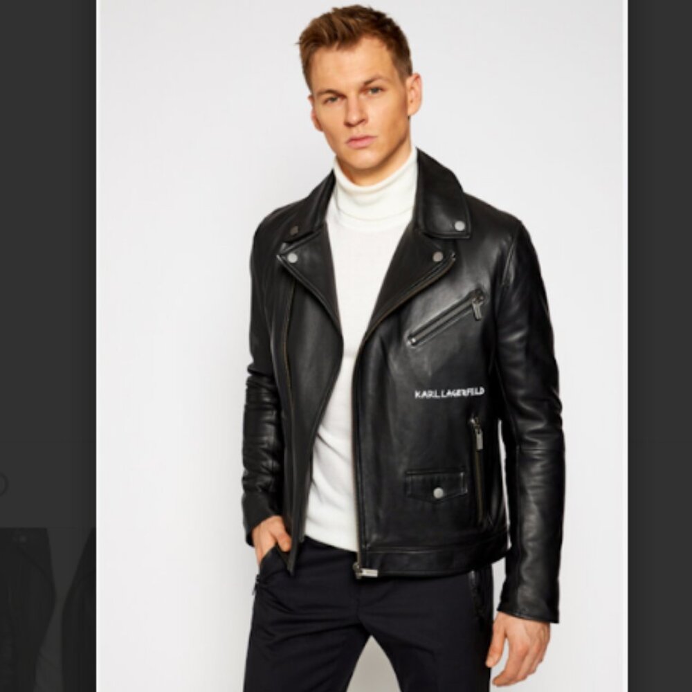 Karl Lagerfeld Men's Black Leather Biker Jacket sz XL